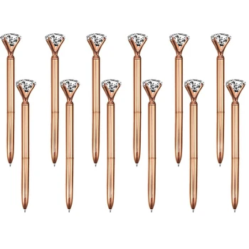 

100 Pieces Big Crystal Diamond Pen Metal Ballpoint Pen Black Ink Ring Wedding Office Metal Ring Roller Ball Pen Rose Gold Gift