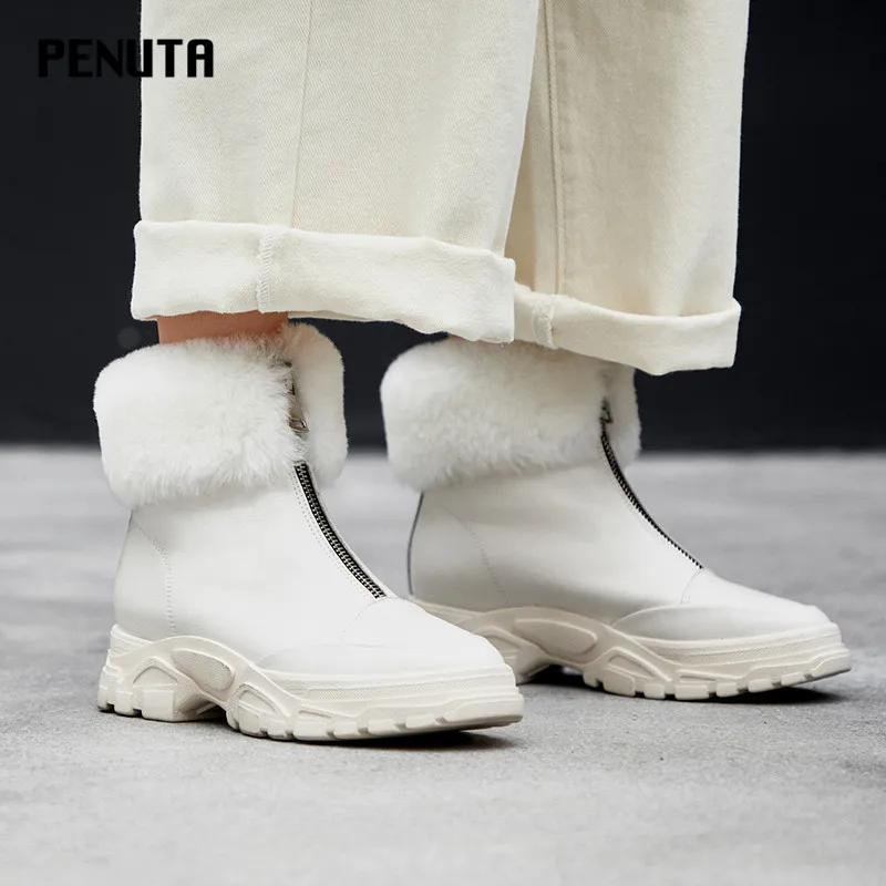 PENUTA/черные ботинки; женская обувь из натуральной кожи на платформе; женские зимние ботинки на меху; зимние ботинки на молнии; Европейский Повседневный стиль