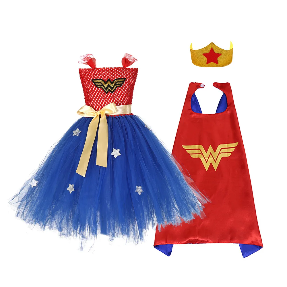 Голубое платье-пачка СУПЕРМЕНА для девочек с маской; костюм супергероя для малышей; Детский костюм для костюмированной вечеринки на Рождество, Хэллоуин; платье чудо-Женщины