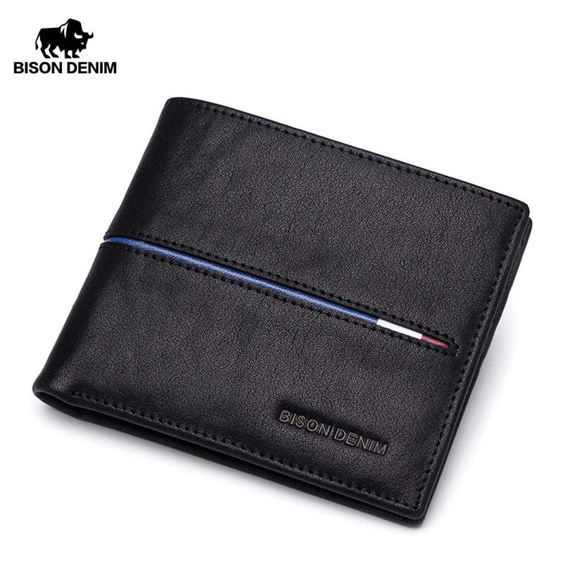 Ceny BISON DENIM portfel ze skóry naturalnej mężczyźni marka moda krótkie portfele monety kiesy ID etui na karty kredytowe Slim składany portfel mężczyzn N4437