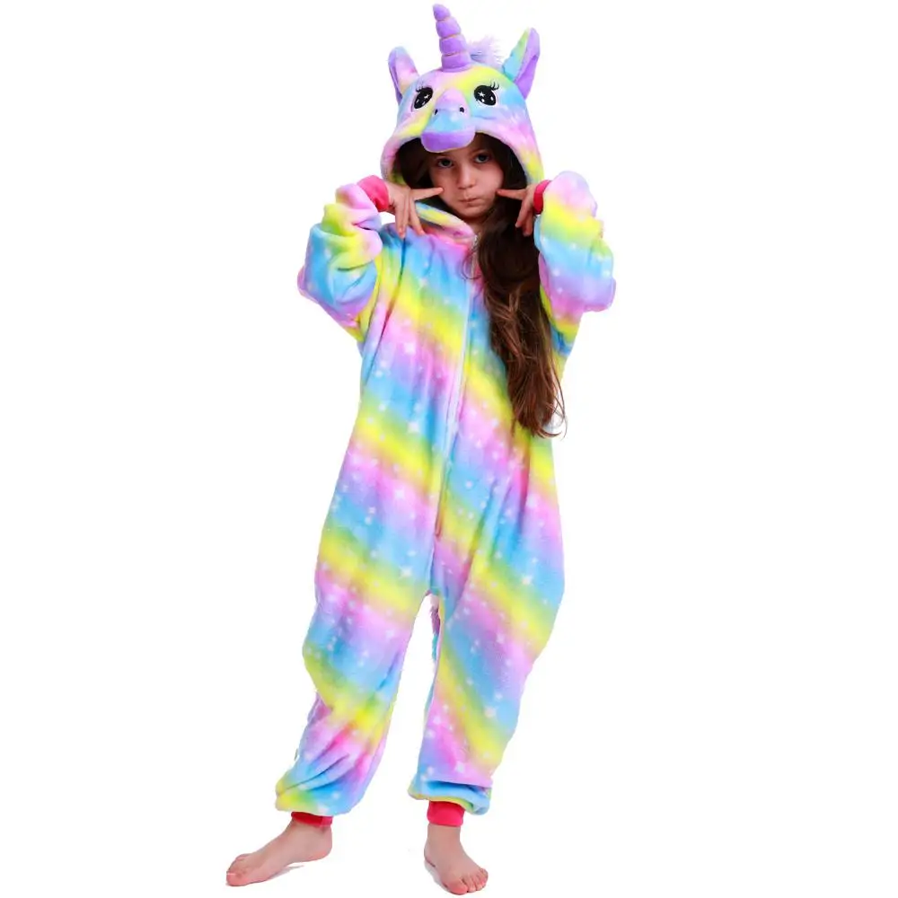 Kigurumi Unicorn Pajamas Onesies Kids Winter Onesies Girls Boys Sleepwear Animal Pajamas Sets Children Hooded Cartoon Onesies - Цвет: YellowRainbow TianMa