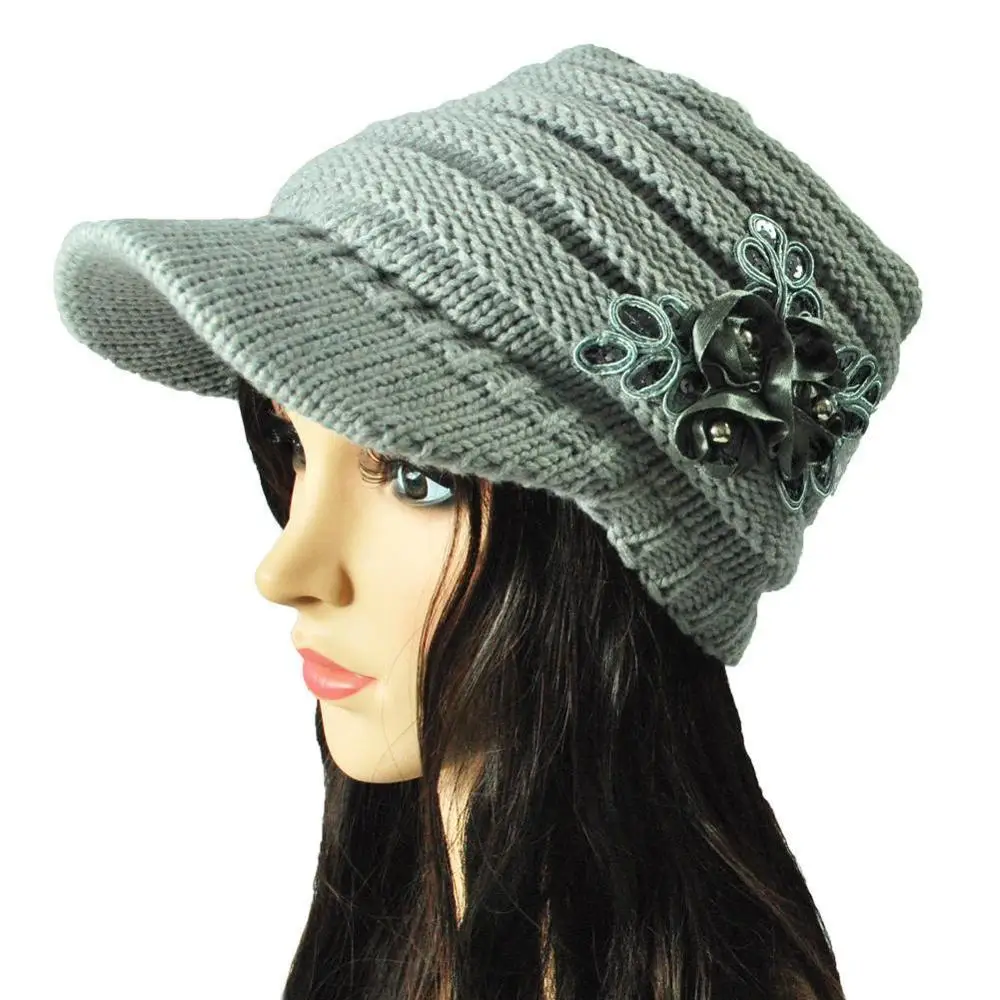 light gray hat Корейская новая вязаная шапка для женщин и девушек, теплая зимняя шапка с цветком и блестками, вязаная шапка с полями, зимняя шапка - Цвет: light gray hat