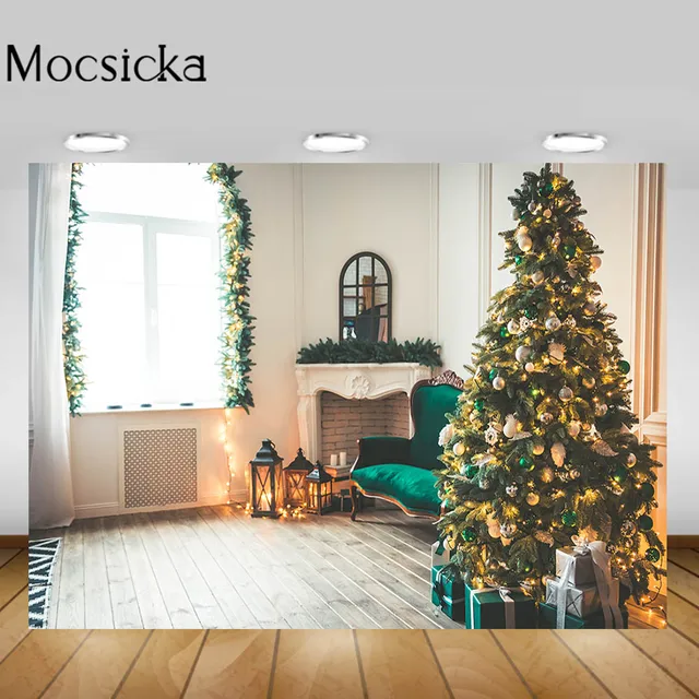 Mocsicka Christmas Living Room Backgrounds Christmas Tree Fireplace Garland Xmas Backdrop Decorations Newborn Photography Props Style-3