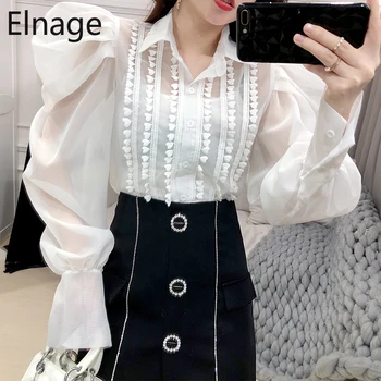 

Elnage Palace Organza Loose Casual Bubble Long Sleeve Blouse Shirts Spring Tops Female Slim Fit 2020 New Clothing Women 5A384