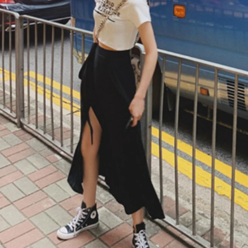 Modal Knitting Long Skirts Elastic Waist Sashes Soft Cotton Jersey Split A-line Ankle Long Skirts