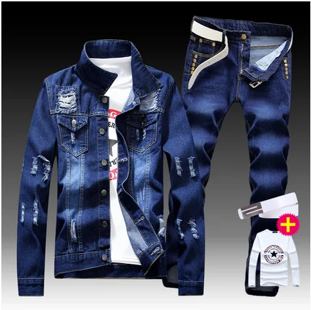 New Men's Denim Jacket Pants 2pcs Set Single Breasted Holes Casual Coat Trousers Slim Fit Cool Boys Jackets A55 New Men's Denim Jacket Pants 2pcs Set Single Breasted Holes Casual Coat Trousers Slim Fit Cool Boys Jackets A55