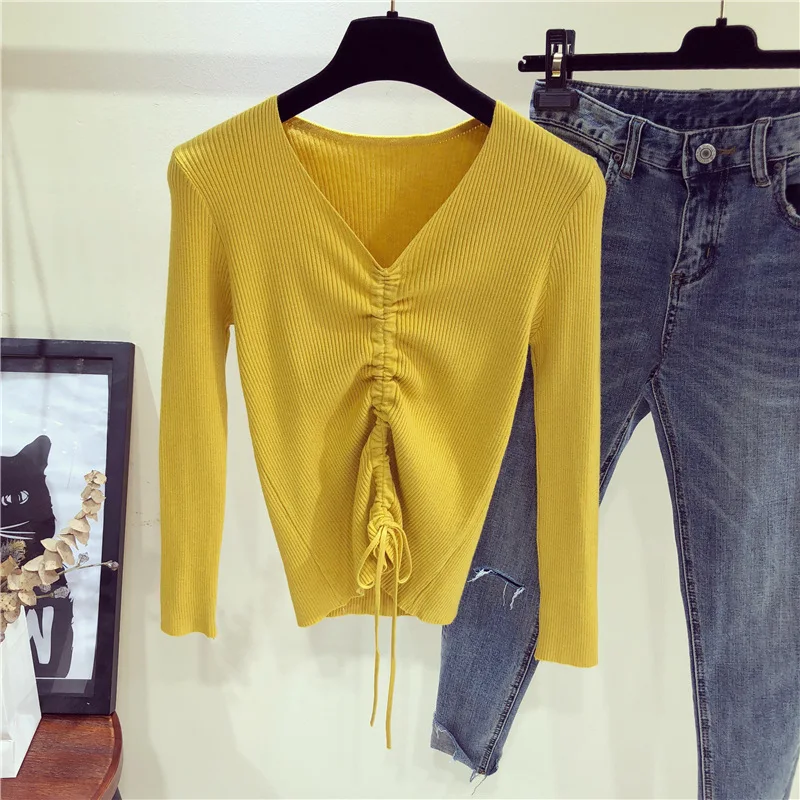 Пуловеры осенне-зимний сексуальный свитер на шнурке с v-образным вырезом Женский базовый тонкий вязаный пуловер однотонный вязаный джемпер Топы