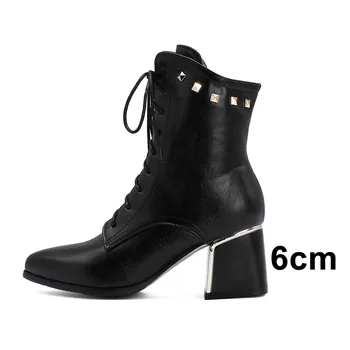 

ANNYMOLIAnkle Boots Women Shoes Rivet High Heel Short Boots Pointed Toe Cross Tied Zip Lady Boots Autumn Winter Red Black 33-43