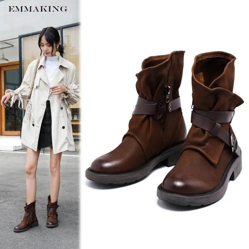 

EMMAKING Vintage Agraffe Genuine Leather Chelsea Ankle Boots For Women Cowboy Short Boots With Winter Flat Shoes