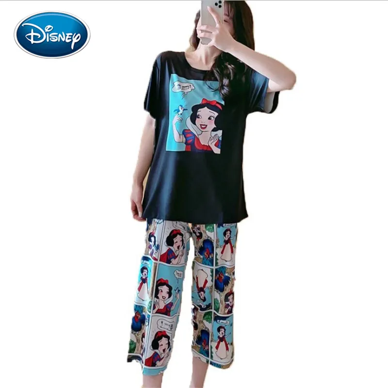 Mickey Pajamas Women's Short Sleeve Cropped Pants Disney Summer Snow White Comic Print Fashion Student Home Service Suit 6