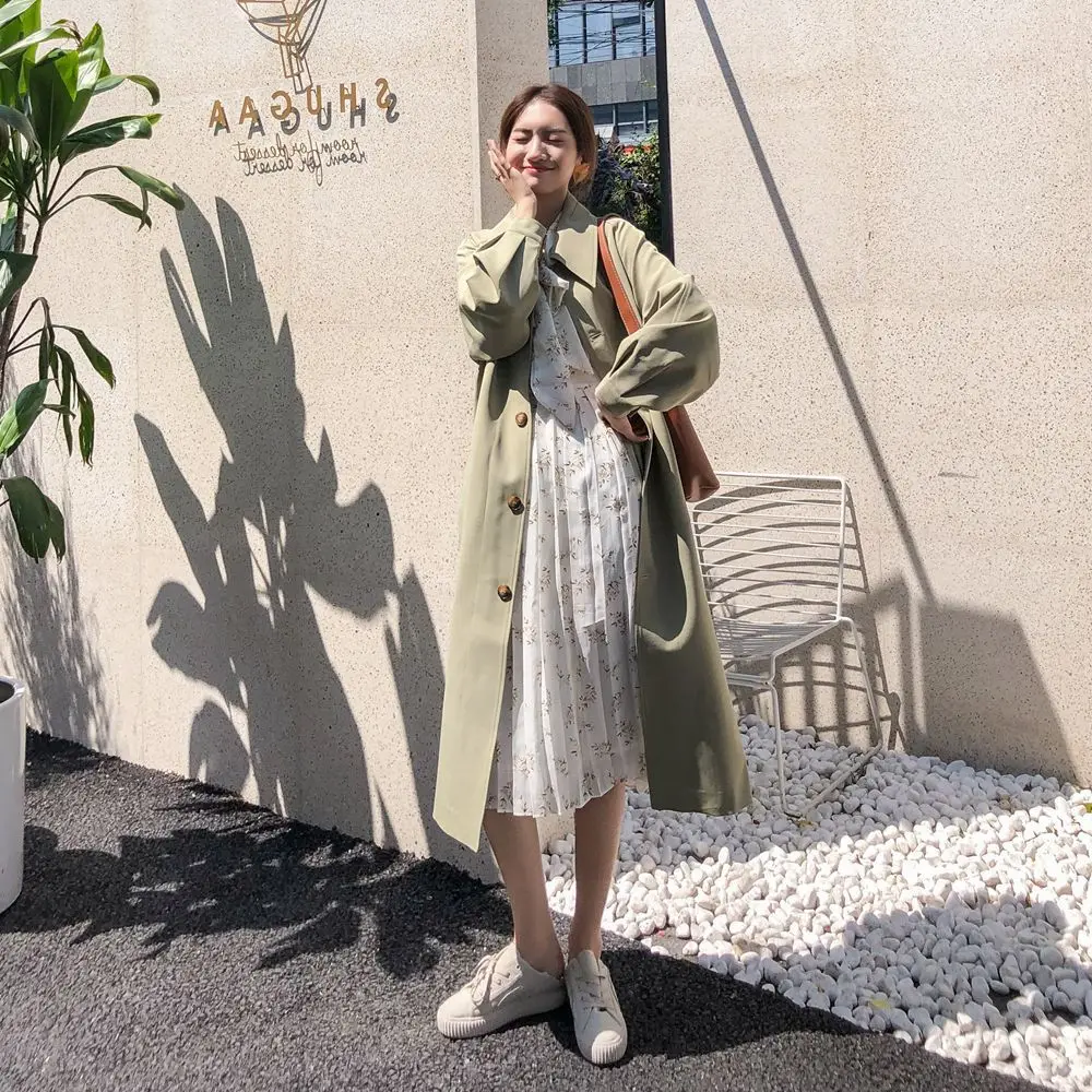 

Photo Shoot Lantern Sleeve Middle Long Coat 2019 Autumn New Style WOMEN'S Dress Retro CHIC-Style Single-Breasted Waist Hugging T