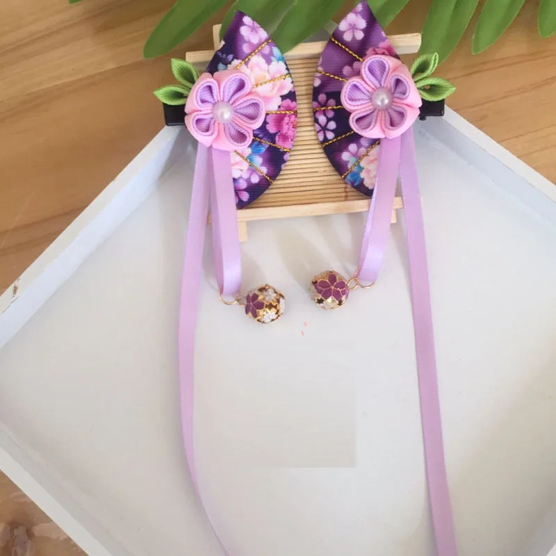 Maru-tsuami Kanzashi Flower Zaiku Fan Sakura Hairclip традиционный японский стиль ленты кимоно аксессуар Гейша ручной работы HW042 - Цвет: Фиолетовый