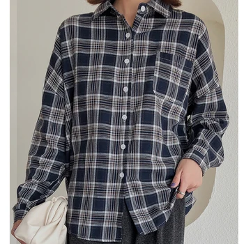 

2020 Spring Women Shirt Loose Shirt Women Casual Shirt Ladies Women Tops Plaid 1 Pocket Blusa Feminina Students Simple Shirts