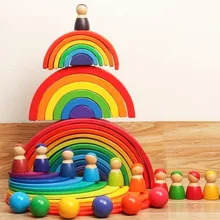 Детские деревянные радужные блоки, деревянные шары, куклы, радужные строительные блоки для укладки, Монтессори, цветные сортировочные развивающие игрушки