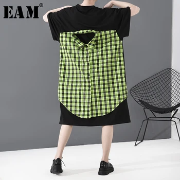 

[EAM] Women Back Plaid Split Joint Big Size Dress New Round Neck Short Sleeve Loose Fit Fashion Tide Spring Summer 2020 1T798