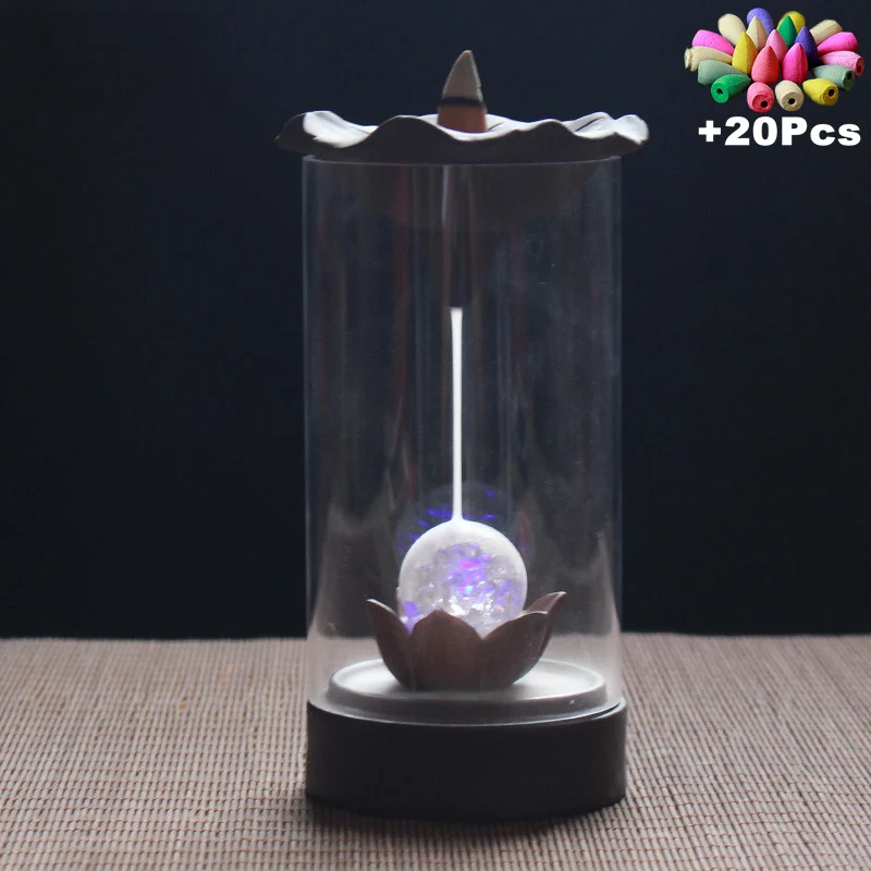 

With 20Cones Backflow Incense Burner With Cover Indoor Windproof Personality Creatives Home Decor Office Teahouse Ornament