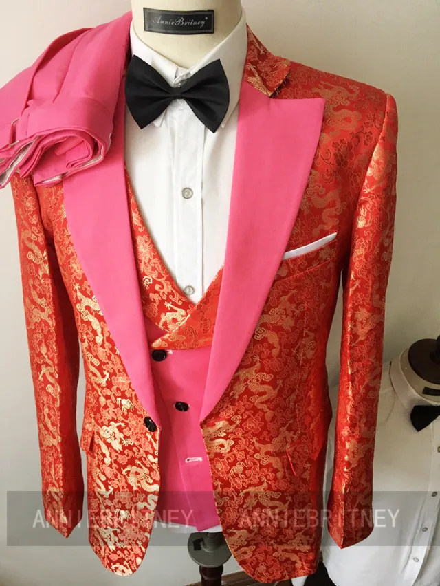 値下げ 男性のための派手な光沢のあるスーツ 花柄 プリント スリムフィット パフォーマンス クシアベスト 3ピース ウェディングスーツ 店舗 Signature Johaness Com