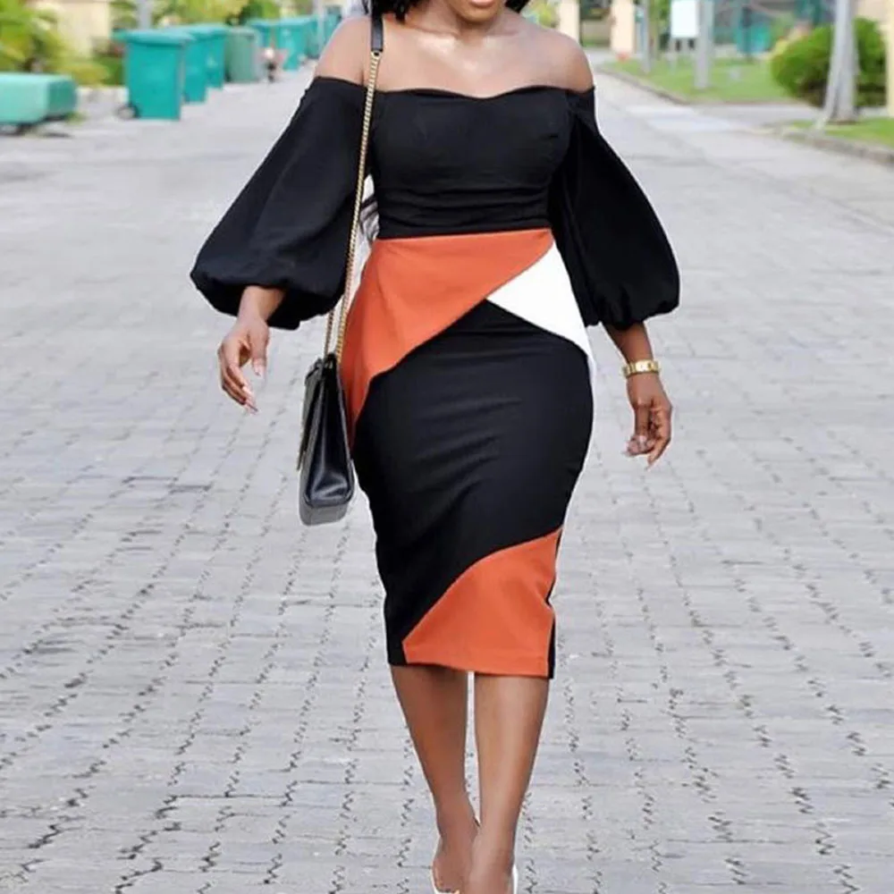 Vintage Off Shoulder Bodycon Midi Dress Sexy Women Contrast Color Summer Office Dresses African Ladies Cocktail Party Vestidos | Свадьбы и