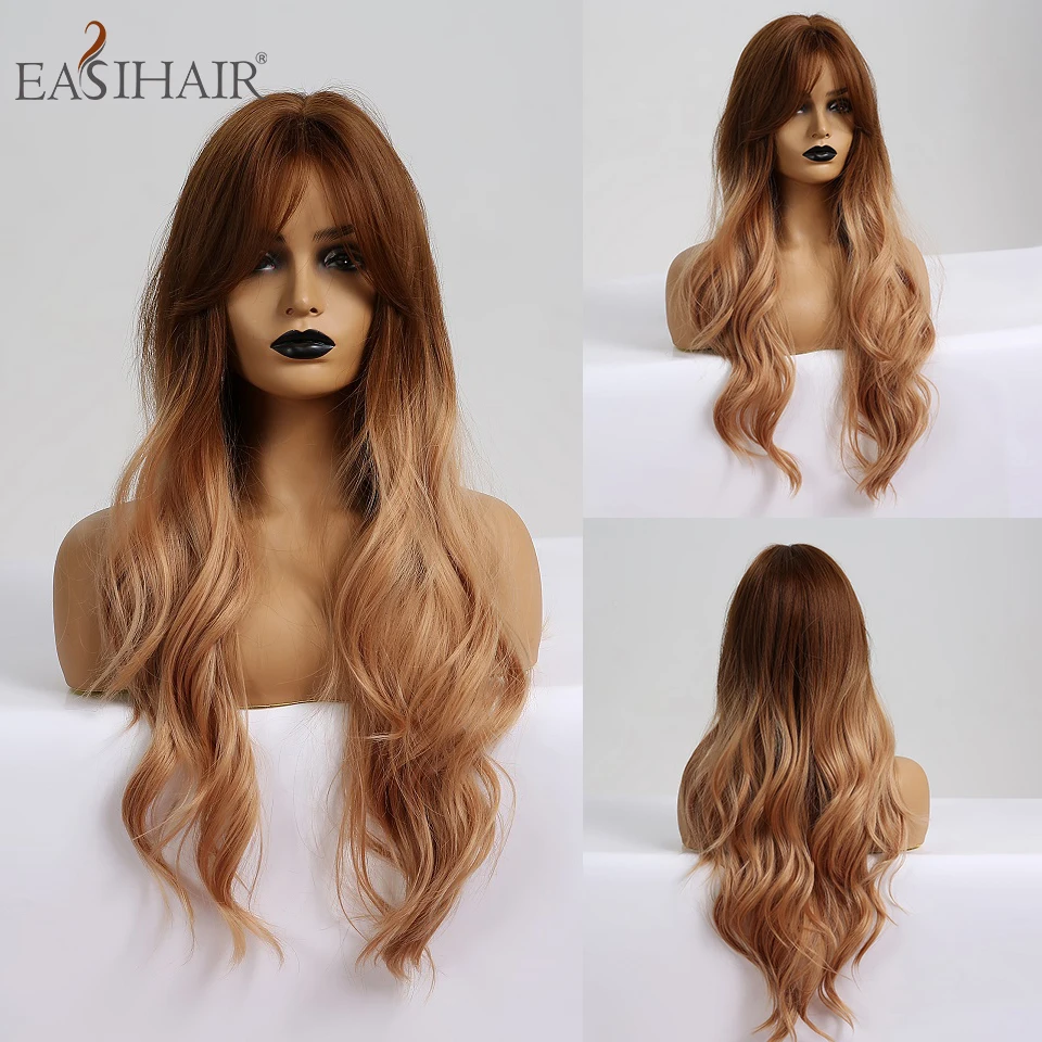 EASIHAIR Long Black to Brown Ombre Synthetic Wigs for Women Afro Wigs with Bangs High Density Temperature Wavy Cosplay Wigs