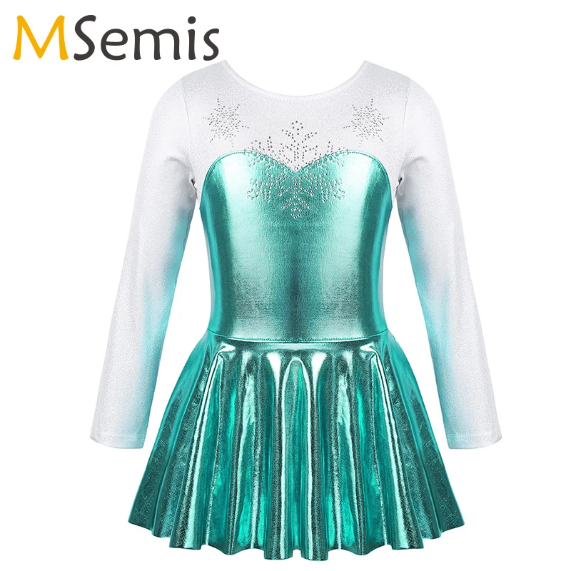 

Kids Girls Ballet Dancewear Costume Shiny Rhinestone Snowflake Metallic Bodice Gymnastics Leotard Ballet Dance Dress for girls