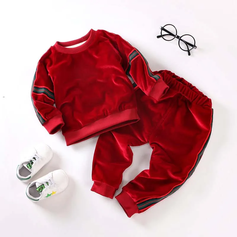 Комплект детской бархатной одежды унисекс из 2 предметов, спортивный пуловер, брючные костюмы, детская Студенческая толстовка, Спортивная Толстовка, костюм, От 2 до 5 лет - Цвет: Красный