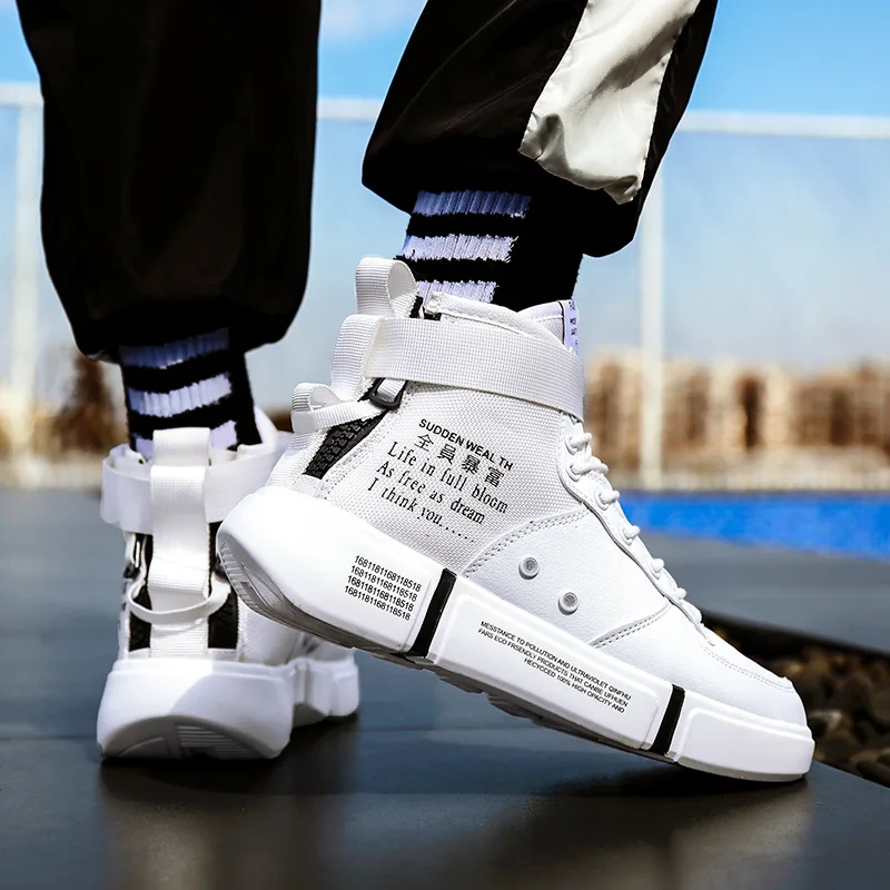 

High Shoes Men INS Irregular Large Size Spring And Summer Stickers Trend Lettered Magic Textile Class Sports Lace up Front Men's