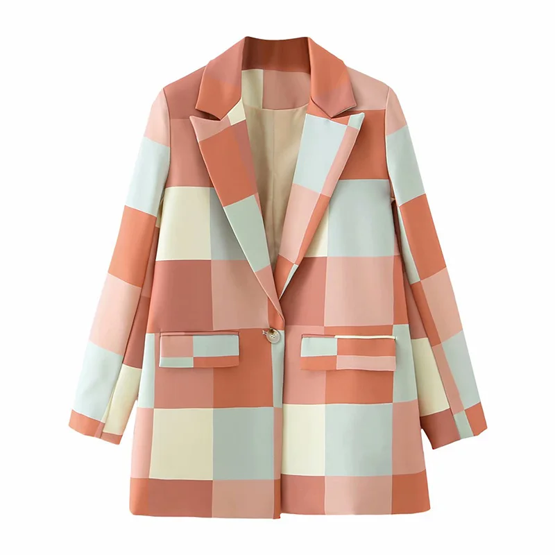 

Elegant Autumn and Winter Women's Plaid Jacket Coat Fashion Color Matching Ladies Suit Temperament Office Long Blazer Female