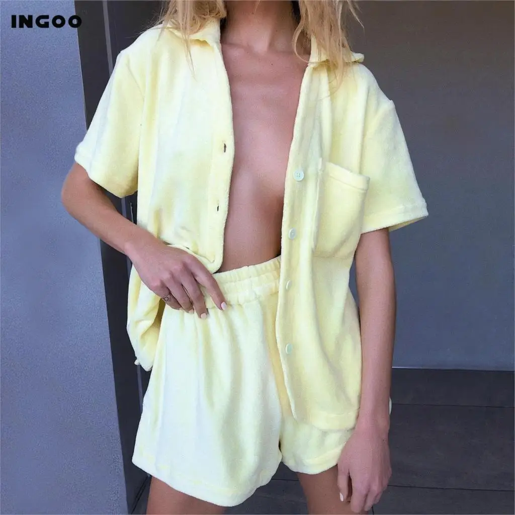 Женский вельветовый Костюм-двойка INGOO однотонный повседневный костюм с коротким