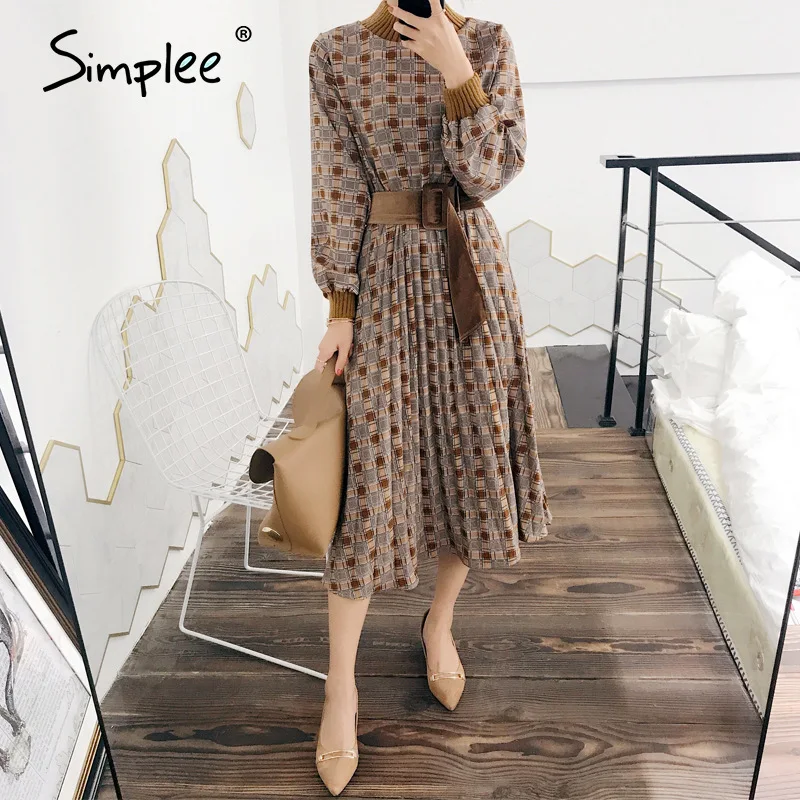 Simplee элегантное клетчатое женское платье фонарь с высокой талией и круглым