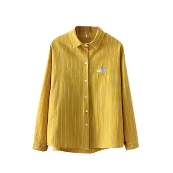 

New New Women Embroidery Shirt Striped Cotton School Blouses Office Ladies Tops Female Blusas Plus Size Loose Work Shirt Autumn