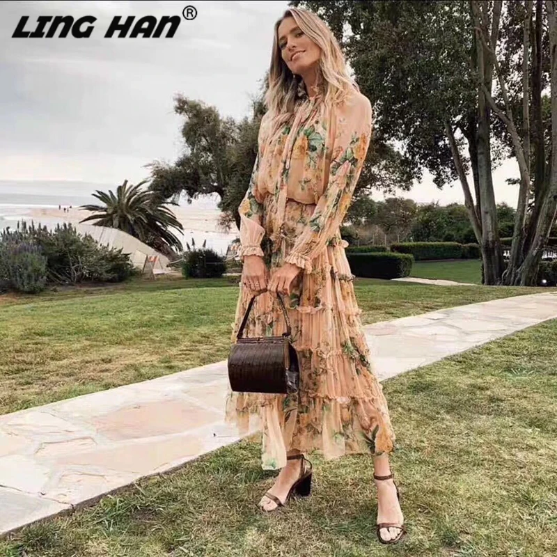 

LING HAN Elegant Flower Print Chiffon Ruffles Holiday Long Dress Women's Lantern Sleeve Brand Runway Autumn Dresses