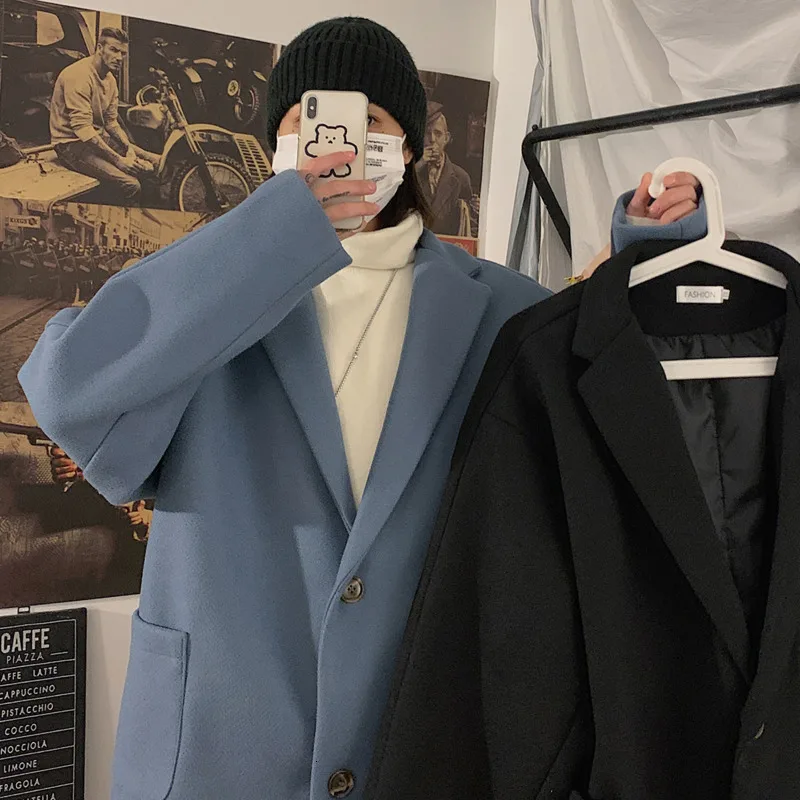 Зимнее Короткое шерстяное пальто Мужская модная однотонная повседневная шерстяная куртка с v-образным вырезом Мужская свободная шерстяная куртка мужская S-2XL