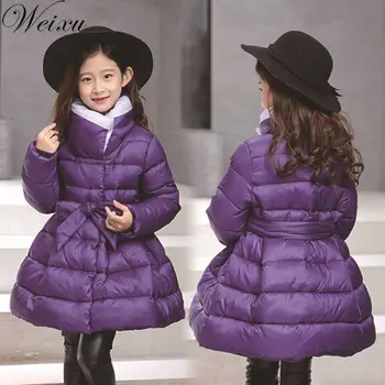 

Winter Jacket for Girls Bow Waistband Coats Russia Kid Thick Warm Princess Jackets Children Girl Outwear Long Parka Coat Clothes