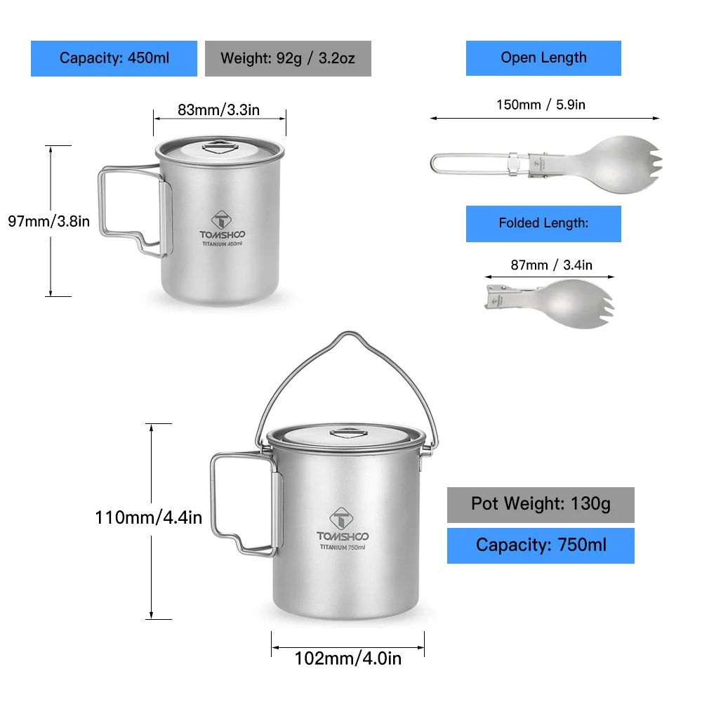 

Titanium 3 Pieces Set Titanium 750ml Pot 450ml Water Cup Mug with Lid Handle Folding Spork for Outdoor Camping Hiking