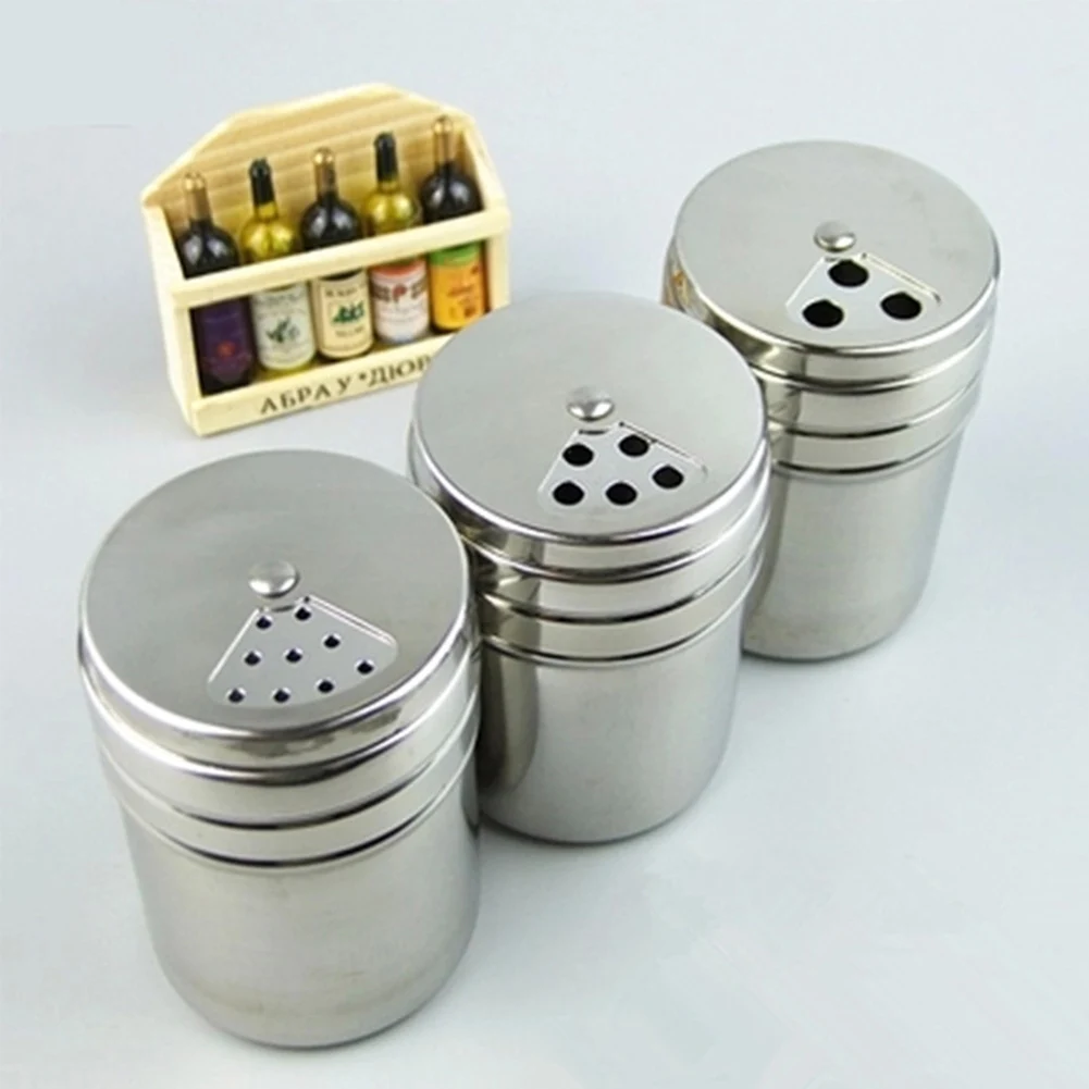 Spice Jars, Stainless steel Dredge Salt Sugar Spice Pepper Shaker Seasoning Cans with Rotating Cover