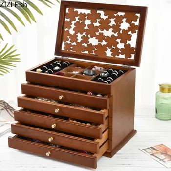 

Wooden Cosmetic Case Jewelry Storage Box Multilayer Ring Watch Earring Storage Box Dust-proof Home Desktop Storage Tools
