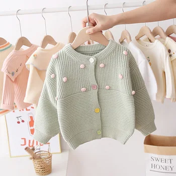 

Toddler Baby Girl Knitting Cardigan, Kids Fall Sweaters, Round Neck Long-Sleeve Casual Plush Balls Elastic Buttons 2020 Winter