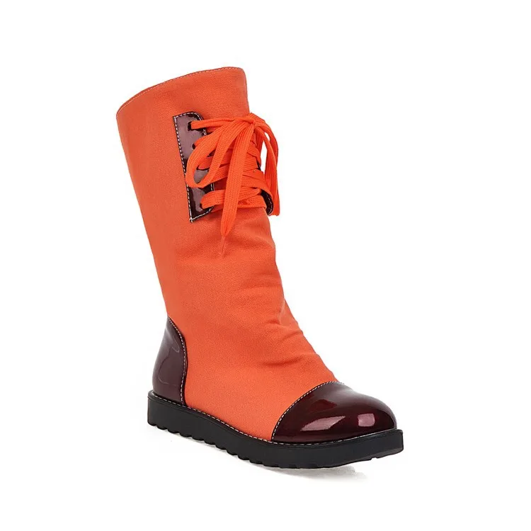 Женские ботинки до середины икры; chaussure boots; низкий каблук; на шнуровке; сезон осень; увеличивающая рост обувь; женская обувь; zapatos mujer sapato; H441 - Цвет: orange
