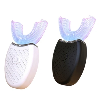 

2x 360 Degrees U Type Automatic Electric Toothbrush Vibration Blue Light Whiten Teeth Silicone Brush Head White & Black