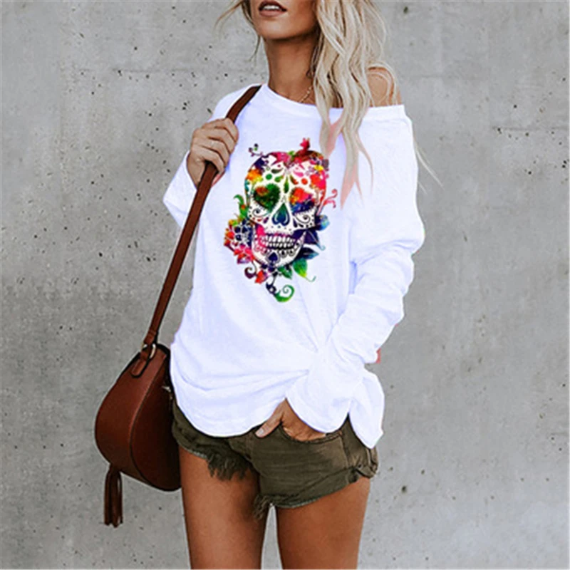 

Women Plus Size Tshit Long Sleeve Casual Loose Autumn Harajuku T-Shirt Tops Skull Print Fashion O-Neck Female Streetwear Tee