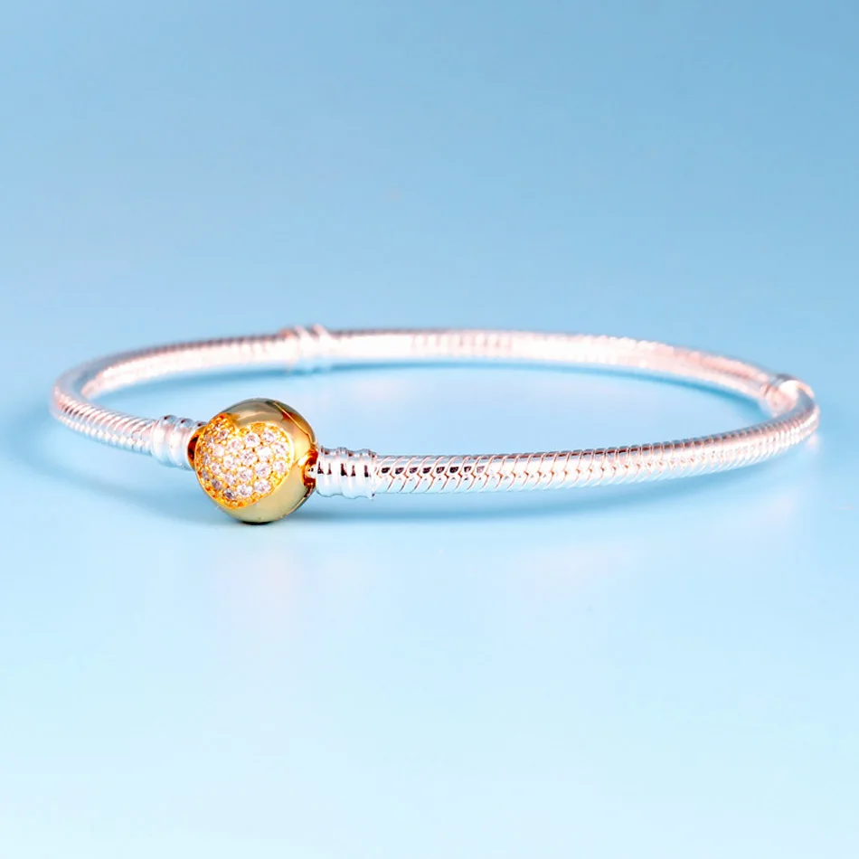 Браслет из розового и золотого хрусталя с застежкой в виде сердца и змеи, браслет на цепочке, подходит для бусины из стерлингового серебра 925, шарм, сделай сам, европейские ювелирные изделия