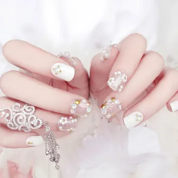 

24pcs/Set Pretty Rhinestone Pearl Decor Wedding Bride Nail Tips Short Design Full Cover Glitter False press on Nails with gule