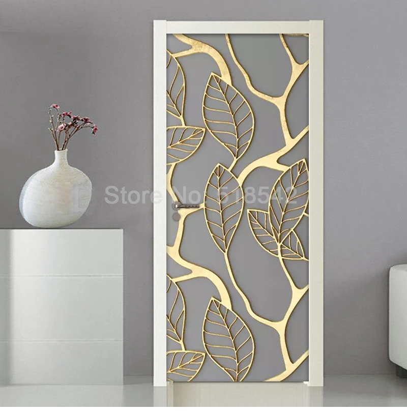 3D Золотые листья ПВХ водонепроницаемый самоклеющиеся наклейки на дверь наклейки на стене обои современный кабинет гостиная двери украшения росписи