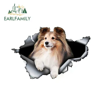 

EARLFAMILY 13cm x 8.55cm Car Styling Torn Sheltie Car Sticker 3D Pet Dog Car Decoration Torn Metal Decal Reflective Stickers