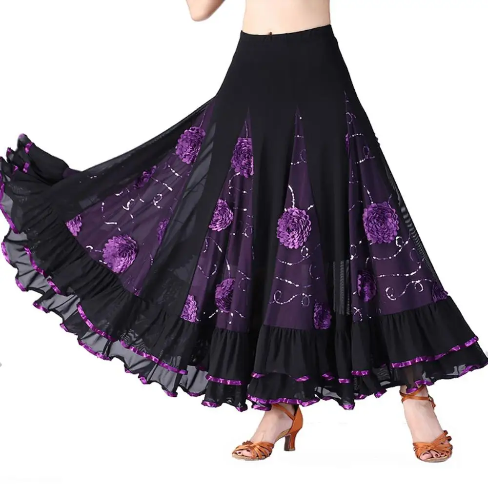 Женская Современная Танцевальная юбка с блестками и цветами, юбки для танго, бальных вальсов, танцевальная юбка, вечерние юбки средней длины