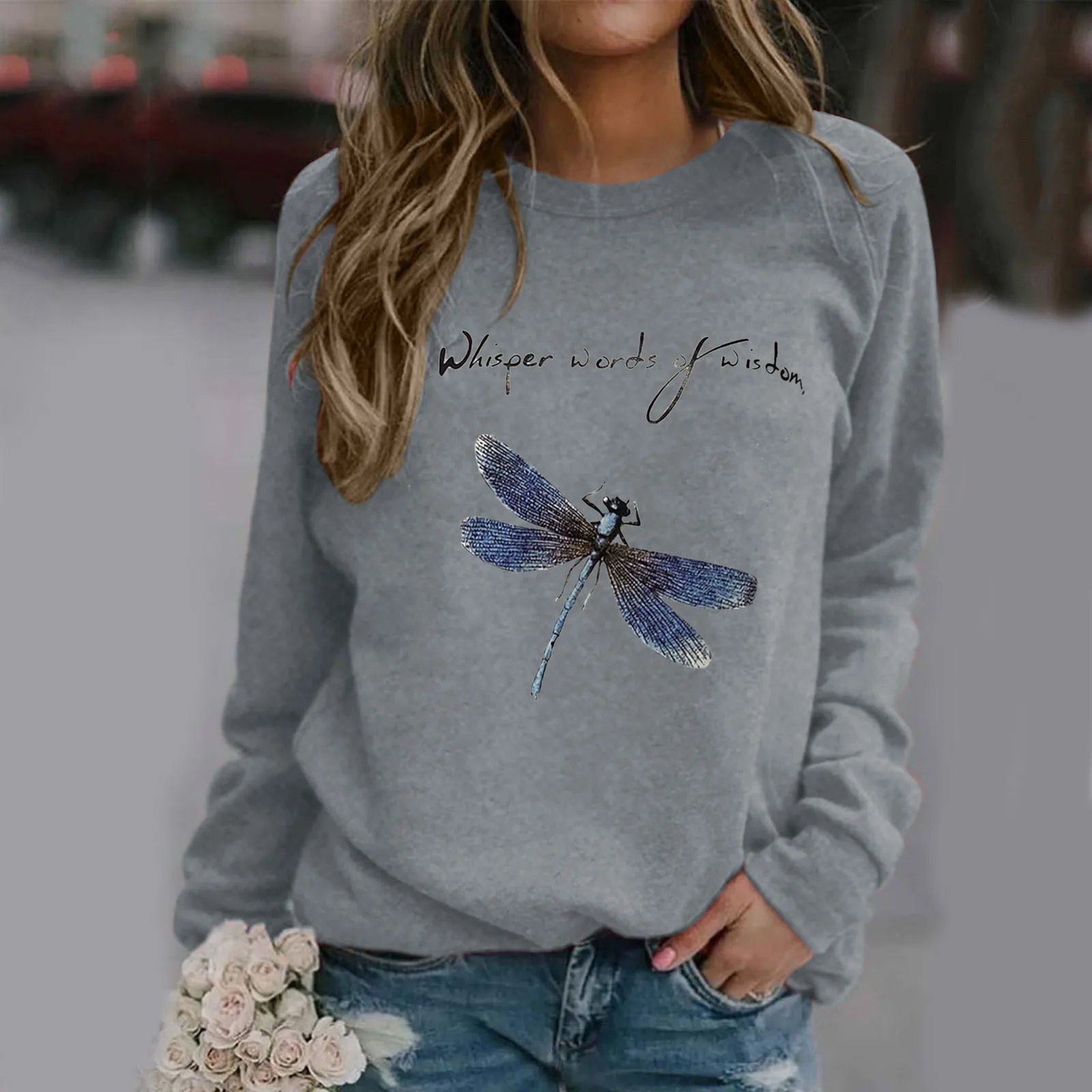 2021 Ladies Feather Print T-shirt Autumn and Winter Ladies Casual Sweater Pullover Long-sleeved Top Women New Round Neck Tops vintage tees