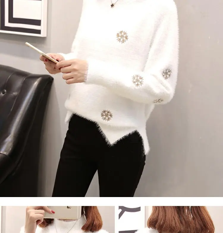 Большой размер женский зимний свитер модный Удобный плюшевый свитер теплый Высокий воротник Снежинка вышивка джемпер