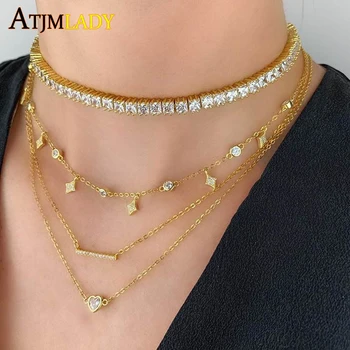 cz link chain triangle drop charm 925 sterling silver women choker bridal gift Star charm sparling statement choker necklace