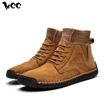 

Genuine Leather Men Boots Fur Inside Snow Boots Hgih Top Lace-up Men Cotton Shoes Retro Solid Male Casual Footwear Ankle Boots