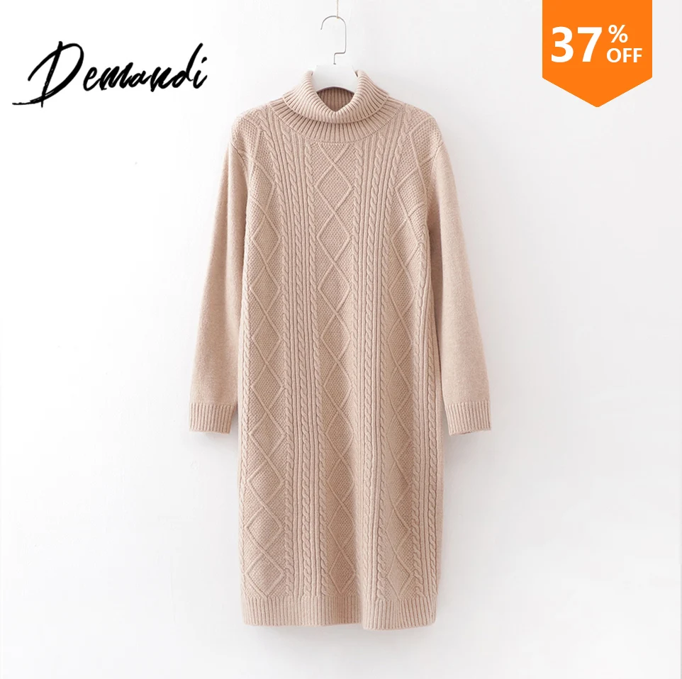 

DEMANDI Sweaters Women's Long Style Fall 2019 New Women's High-collar Twisted Long Sleeve Loose Knitted Sweaters Women's Dresses